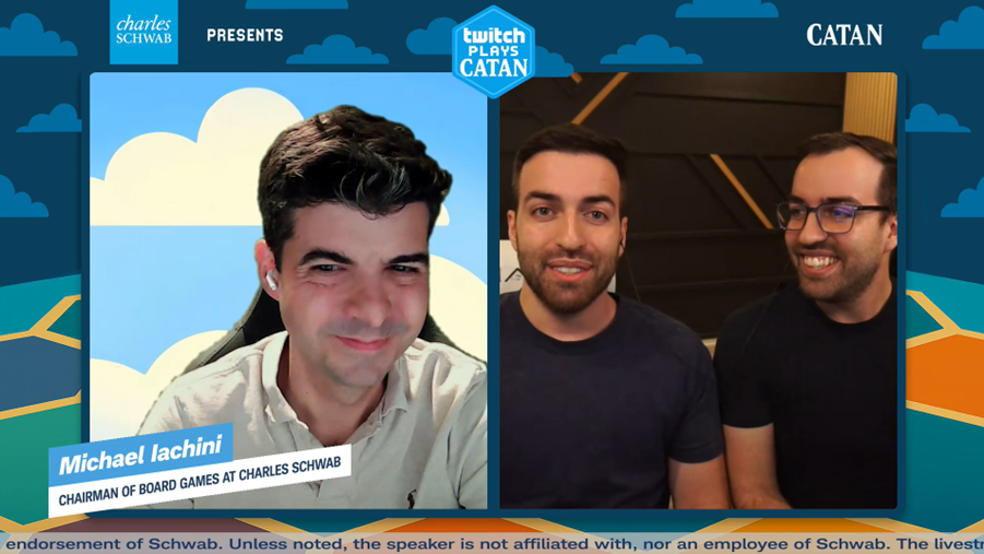 A split screen featuring video game streamers participating in Twitch Plays Catan on one side and the Schwab host on the other side. M