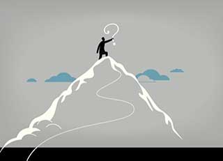 Graphic of a person on top of a mountain holding a question mark.