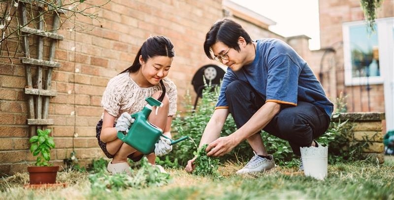 father and daughter planting a garden