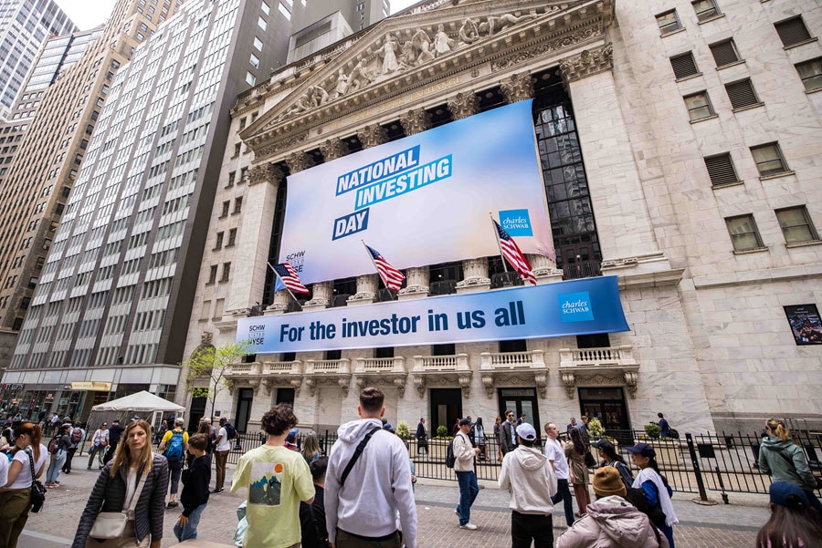Outside of the NYSE, wrapped in a National Investing Day banner