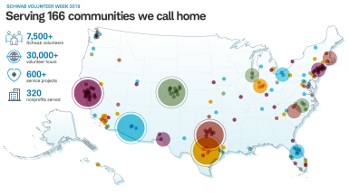 Map of Schwab volunteer activity in 2019